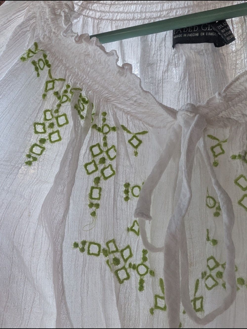 White Peasant Blouse with Green Embroidery - Women Tops - Picture 5 of 6